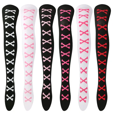 Halloween Party Bone Pattern Over The Knee Socks Gothic Lolita Cosplay Cross Skeleton Print Thigh High Stockings For Women