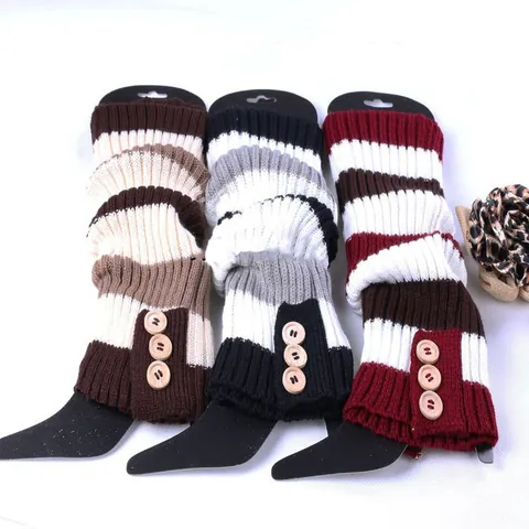 Japanese Style Knit Leg Warmers Slouch Socks Button Decor Striped Solid Boot Covers Winter Warm Foot Protectors