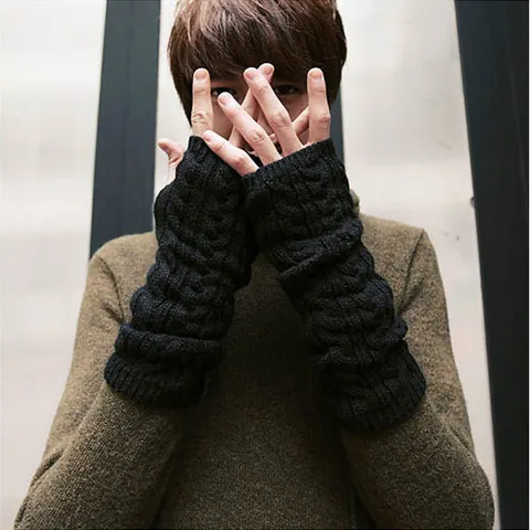 Women Men Winter Warm Cable Knit Fingerless Gloves Long Arm Warmers Solid Color Soft Knitted Mittens Outdoor Thermal Sleeves
