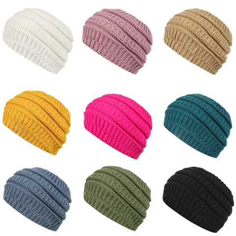 Women Wide Acrylic Knitted Headband Winter Warm Cable Knit Hairband Open Top Ponytail Beanie Hat Head Wrap