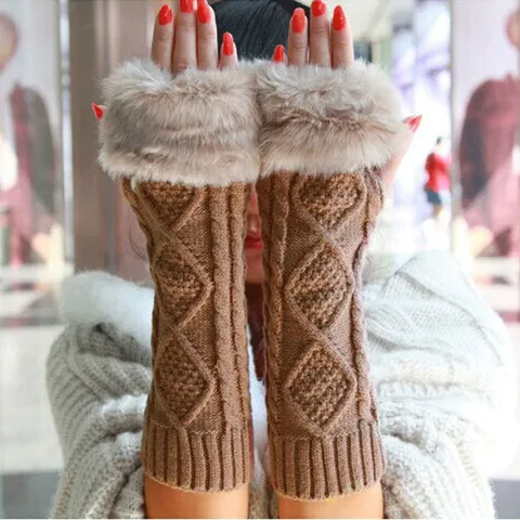 Women Winter Warm Knitted Arm Sleeves Faux Fur Trim Long Fingerless Gloves Rhombic Jacquard Half Finger Mittens
