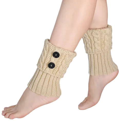 Women Cable Knit Leg Warmers Acrylic Short Boot Cuffs With Buttons Winter Warm Leg Covers Solid Color Crochet Foot Covers
