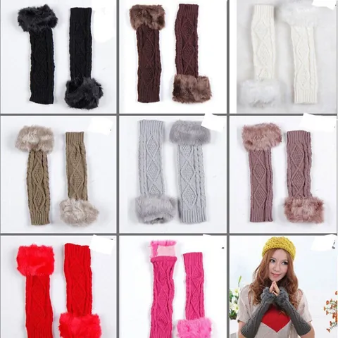Women Winter Warm Knitted Arm Sleeves Faux Fur Trim Long Fingerless Gloves Rhombic Jacquard Half Finger Mittens