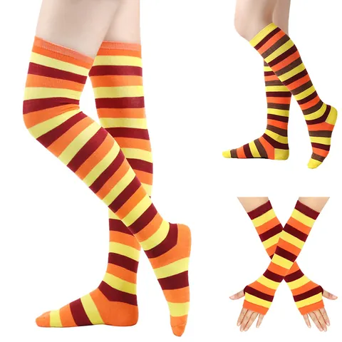 Conjunto de Calcetines Altos a Rayas y Calentadores de Brazos Acción de Gracias Mujer Hombre Rayas Naranja Amarillo Rojo Accesorios