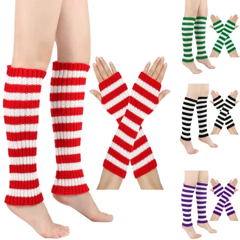 Damen Gestreifte Strick Beinstövchen Und Fingerlose Handschuhe Set Acryl Warme Lange Socken Armstulpen Weihnachten Party Zubehör