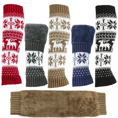 Christmas Reindeer Snowflake Knit Leg Warmers Women Double Layer Plush Lined Winter Warm Thick Jacquard Socks Boot Cuffs