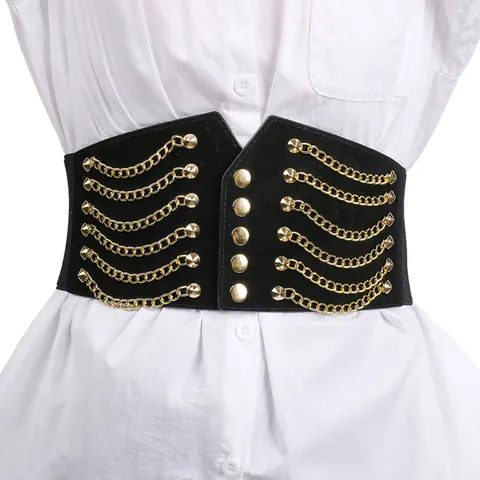 Women's Fashion Wide Chain Belt Elastic Waist Cincher Punk Rivet Decorative PU Webbing Alloy Waistband For Dress Accessory