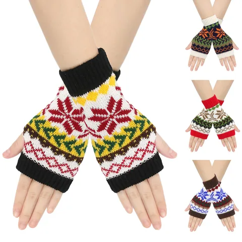 Christmas Snowflake Jacquard Knit Fingerless Gloves Winter Warm Arm Warmers For Women Nordic Style Acrylic Holiday Sleeves