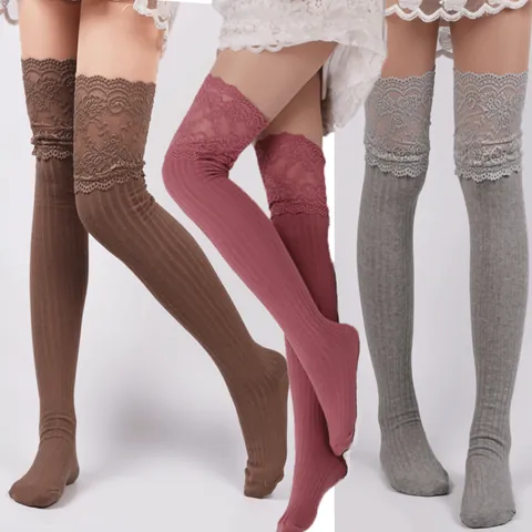 Women Cotton Blend Over The Knee Socks Lace Trim Knitted Ribbed Japanese Style Sweet Thigh High Leg Warmers For Autumn Winter