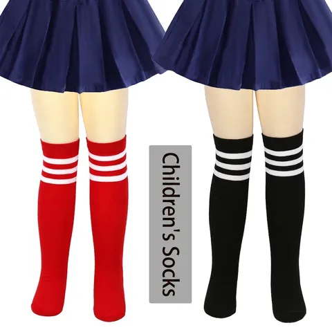 Children Striped Knee High Socks Polyester Triple Stripe Long Socks For Girls Preppy Style Sporty Cosplay Costume Accessory