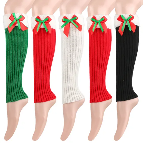 Christmas Leg Warmers Acrylic Knit Faux Fur Trim Bowknot Winter Warm Thigh High Socks Boot Cuffs For Women Holiday Party