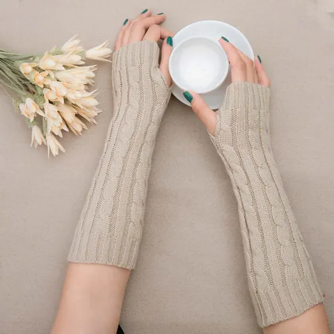 Women Men Winter Warm Cable Knit Fingerless Gloves Long Arm Warmers Solid Color Soft Knitted Mittens Outdoor Thermal Sleeves