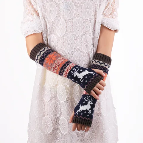 Guanti Donna Invernali Caldi a Maglia Lunghi a Mezzo Dito Natale Cervo Fiocco di Neve Jacquard Acrilico Maniche Braccio Stile Nordico