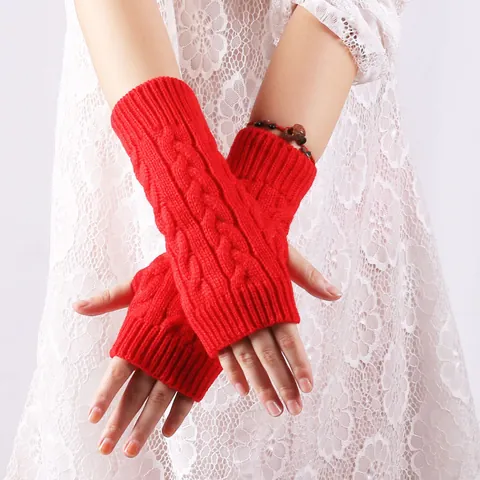 Dames Winter Warme Vingerloze Handschoenen Acryl Kabelgebreide Armwarmers Effen Kleur Haken Duimgat Handwarmer Want
