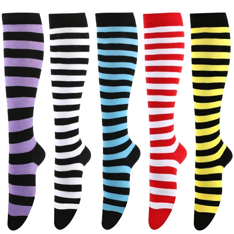 Chaussettes Hautes à Rayures pour Femmes Chaussettes Mi-Mollet en Polyester Tricoté pour Cosplay Performance Sport Respirant