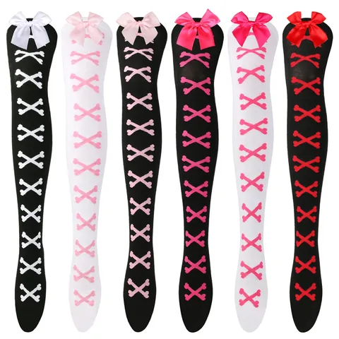 Lolita Over Knee Stockings For Women Bowknot Decoration Crossbone Print Thigh High Socks Gothic Cosplay Party Leg Warmer