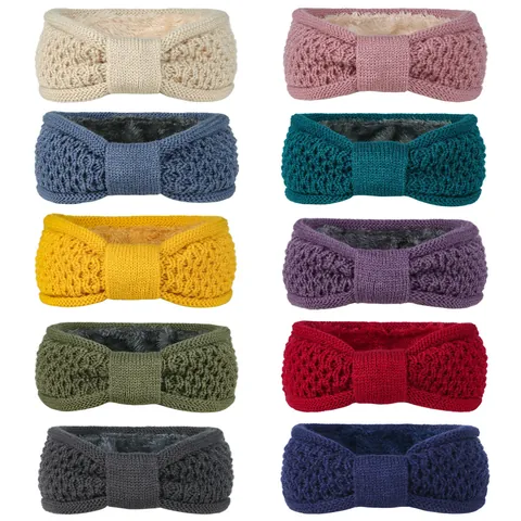 Bandeau en Maille Doublé de Peluche pour Femmes Hiver Chaud Nœud Protège-Oreilles Bandeau au Crochet Torsadé Accessoires