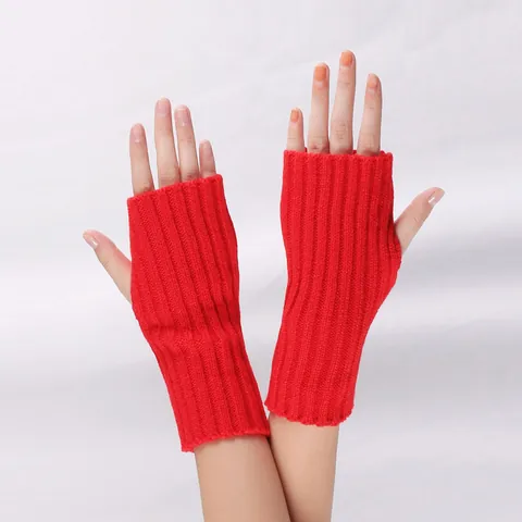 Winter Acrylic Knitted Arm Warmers Ribbed Fingerless Gloves Warm Long Thumb Hole Mittens Solid Color Arm Sleeves For Adults Outdoor