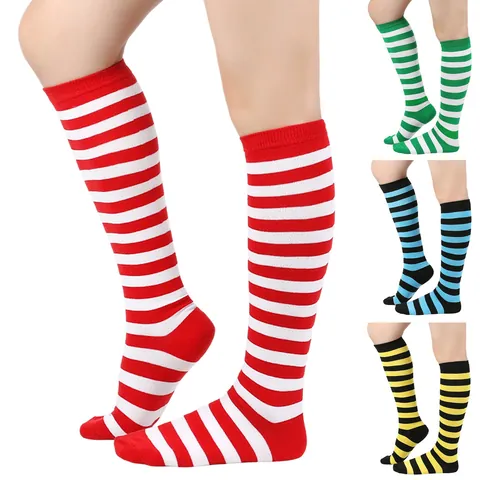 Chaussettes Hautes à Rayures pour Femmes Chaussettes Mi-Mollet en Polyester Tricoté pour Cosplay Performance Sport Respirant