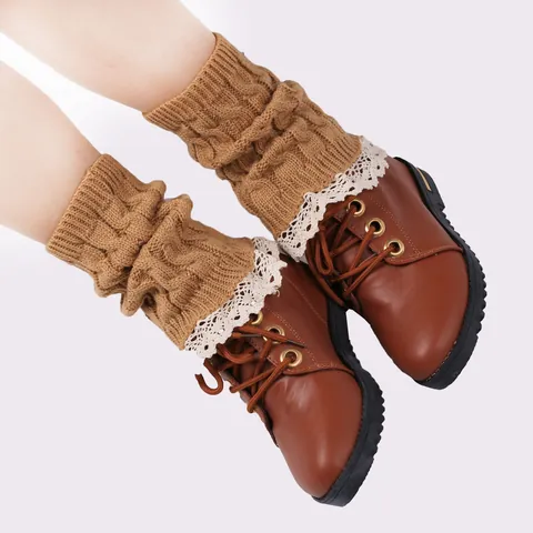Women Cable Knit Leg Warmers Acrylic Frilly Lace Trim Boot Cuffs Solid Color Winter Warm Crochet Socks Foot Covers