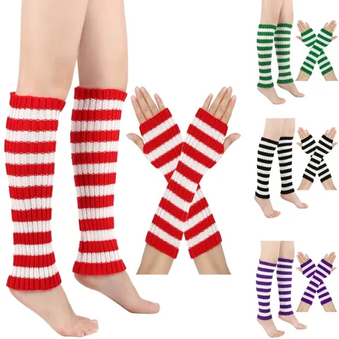 Damen Gestreifte Strick Beinstövchen Und Fingerlose Handschuhe Set Acryl Warme Lange Socken Armstulpen Weihnachten Party Zubehör