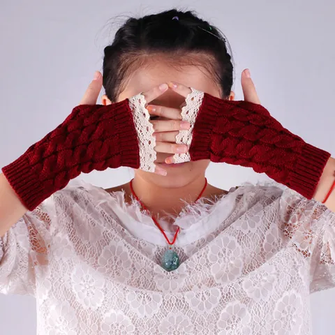 Women Winter Warm Cable Knit Half Finger Gloves Elegant Lace Trim Soft Acrylic Arm Warmers Thumb Hole Mitten Hand Warmer