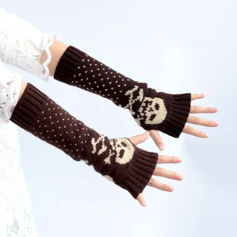Women Gothic Skull Pattern Knitted Fingerless Long Gloves Punk Winter Warm Jacquard Arm Sleeves Mitten For Halloween Party