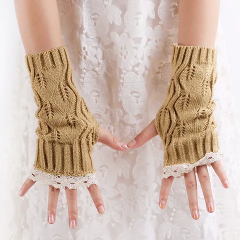 Women Fingerless Knitted Gloves Lace Trim Cable Knit Crochet Warm Wrist Warmers Winter Solid Color Half Finger Mittens