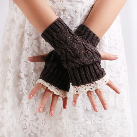 Women Fingerless Knitted Gloves Lace Trim Cable Knit Crochet Warm Wrist Warmers Winter Solid Color Half Finger Mittens