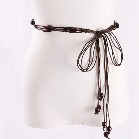 Dames Handgeweven Slanke Riem Vintage Boheems Kwastje Taille Touw Lichaamsketting Met Houten Kralen Decoratieve Knoop Riem