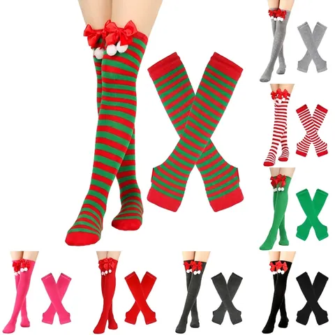 Weihnachten Überknie Oberschenkelhohe Socken Und Armstulpen Set Mit Schleife Pompon Gestreifte Lange Socken Fingerlose Handschuhe Für Damen Party Kostüm