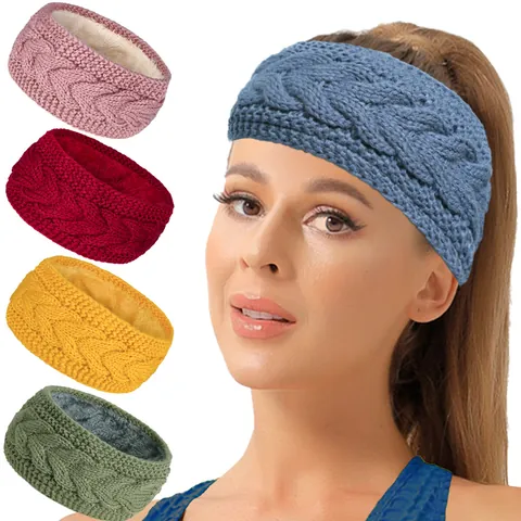 Diadema de Invierno para Mujer Forro de Felpa Punto Trenzado Calentador de Oídos Deporte Elástica Cinta para el Pelo