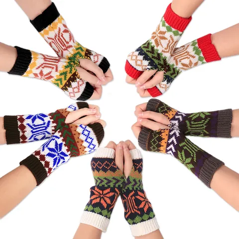 Winter Knitted Snowflake Half Finger Gloves Warm Fingerless Arm Sleeves Crochet Wrist Warmers Nordic Pattern Sleeves For Women