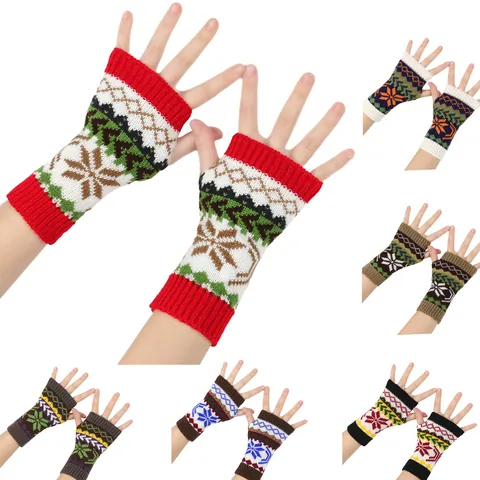 Christmas Snowflake Jacquard Knit Fingerless Gloves Winter Warm Arm Warmers For Women Nordic Style Acrylic Holiday Sleeves