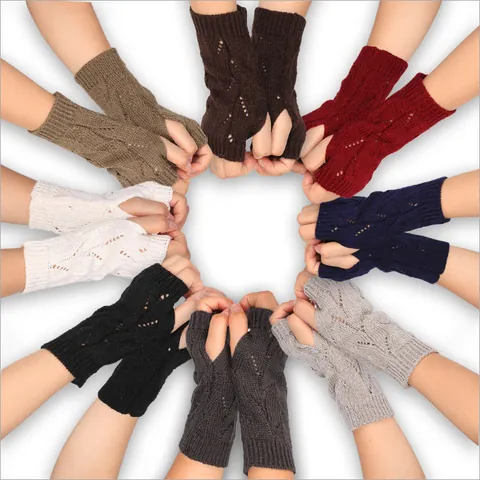 Women Men Knitted Half Finger Gloves Winter Warm Acrylic Hollow Out Crochet Mittens Twist Pattern Fingerless Gloves For Daily Outdoor
