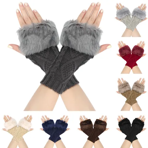 Women Knitted Fingerless Gloves With Faux Fur Trim Winter Rhombus Pattern Arm Warmers Soft Crochet Wrist Warmers Solid Color Hand Wear