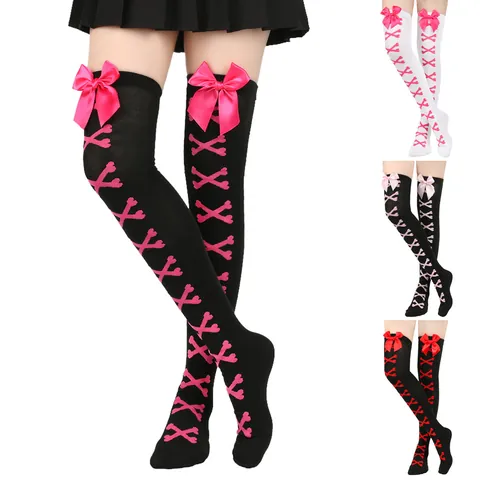 Lolita Over Knee Stockings For Women Bowknot Decoration Crossbone Print Thigh High Socks Gothic Cosplay Party Leg Warmer