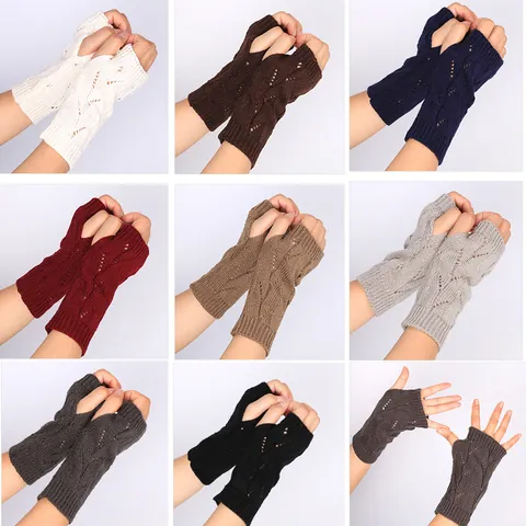 Women Men Knitted Half Finger Gloves Winter Warm Acrylic Hollow Out Crochet Mittens Twist Pattern Fingerless Gloves For Daily Outdoor