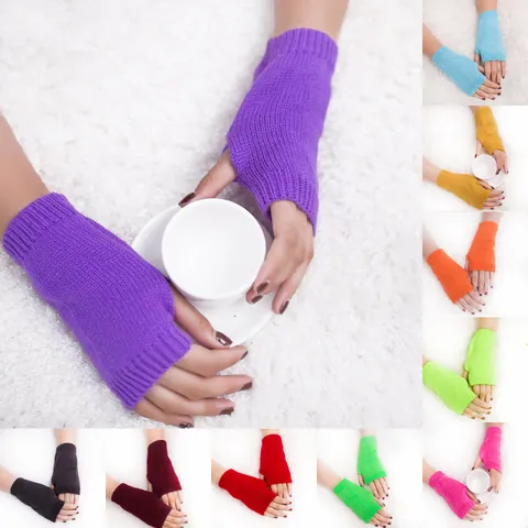 Gants Demi-Doigts en Tricot d'Acrylique Chauds d'Hiver Couleur Bonbon Unie Mitaines Sans Doigts pour Écrire Bureau Quotidien Unisexe