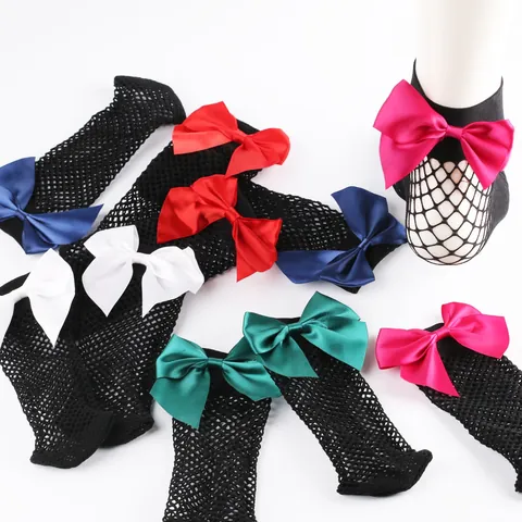 Women Fashion Short Fishnet Socks With Large Satin Bow Ankle Mesh Crew Socks Individual Breathable Hollow Out Socks Accessories