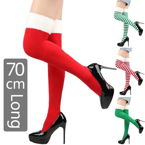 Calcetines Extra Largos de Navidad Sobre la Rodilla para Mujer Ribete de Piel Sintética Rayas Color Sólido para Fiesta Cosplay