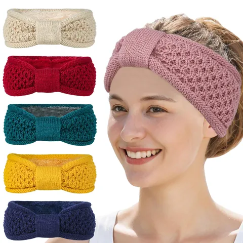 Bandeau en Maille Doublé de Peluche pour Femmes Hiver Chaud Nœud Protège-Oreilles Bandeau au Crochet Torsadé Accessoires