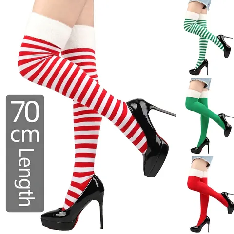 Calcetines Extra Largos de Navidad Sobre la Rodilla para Mujer Ribete de Piel Sintética Rayas Color Sólido para Fiesta Cosplay