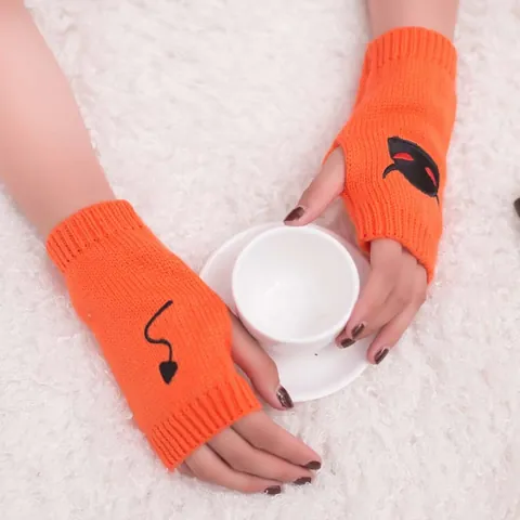 Halloween Devil Pattern Fingerless Knit Gloves Gothic Demon Tail Jacquard Winter Warm Half Finger Mittens For Men Women