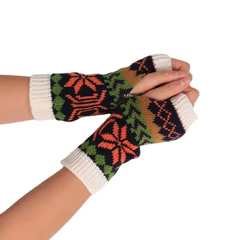 Winter Knitted Snowflake Half Finger Gloves Warm Fingerless Arm Sleeves Crochet Wrist Warmers Nordic Pattern Sleeves For Women
