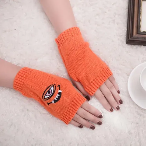 Harajuku Monster Evil Eye Embroidery Fingerless Gloves Knitted Arm Warmers Women Y2K Punk Jacquard Soft Acrylic Winter Gloves