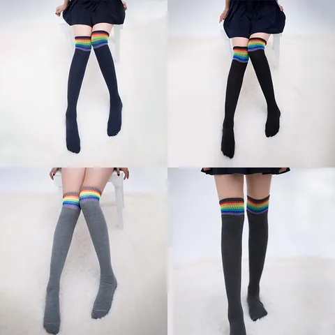 Calcetines Sobre la Rodilla con Rayas Arcoíris para Mujer Calcetines Largos para Actuación Escolar Jacquard de Poliéster