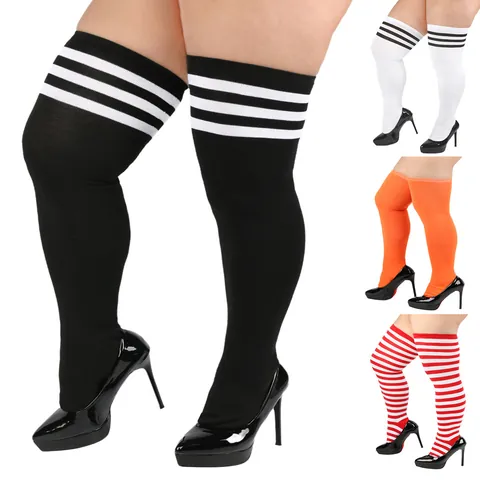 Calcetines Por Encima de la Rodilla de Talla Grande para Mujer a Rayas Triple Raya Calcetines Altos Extra Anchos Elásticos Largos