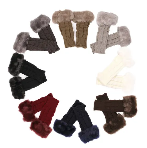 Women's Winter Cable Knit Half Finger Gloves With Soft Faux Fur Trim Warm Acrylic Mittens For Typing Driving