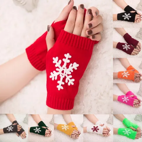 Christmas Snowflake Embroidered Fingerless Knitted Gloves Warm Winter Acrylic Ribbed Cuffs Mittens For Women Men Xmas Gift